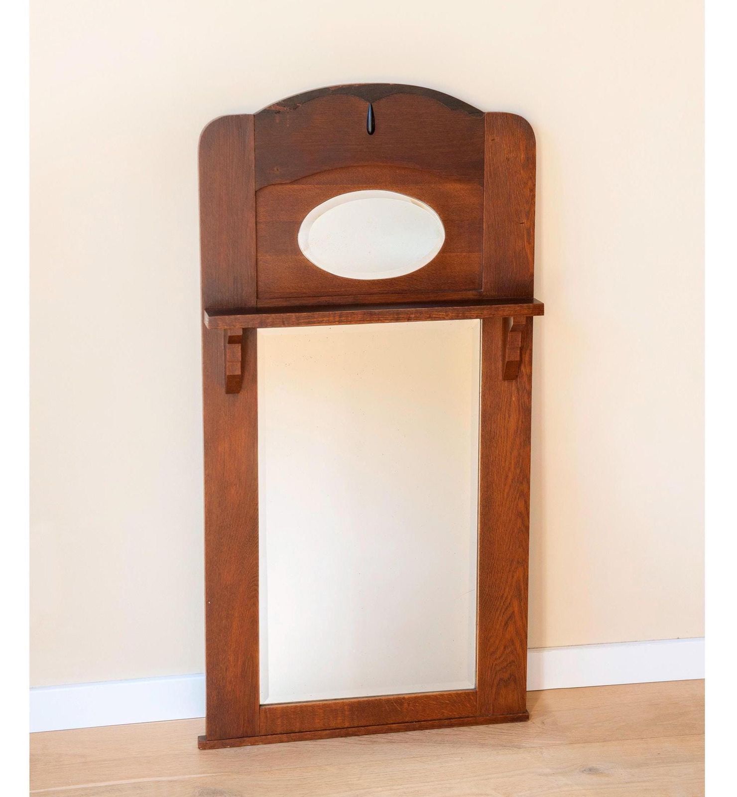 Large Dutch Art Deco Mirror – Amsterdam School Oak Wall Mirror – Antique Hallway Mirror, 1920s
