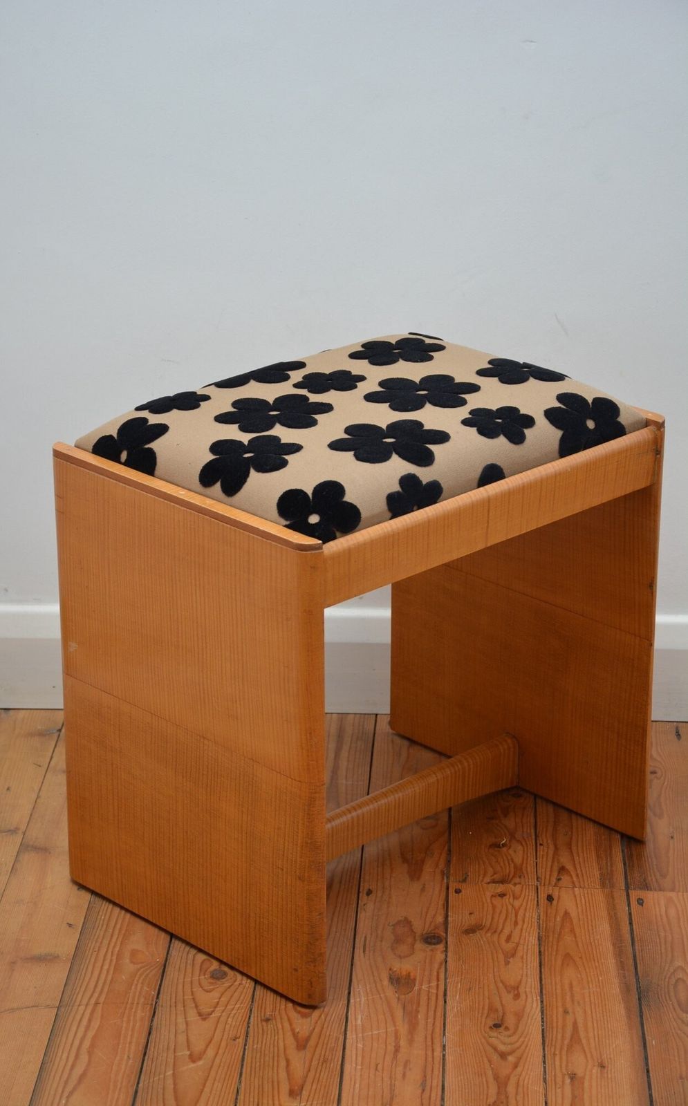 English Art Deco Sycamore Dressing Table Stool With New Flowery Top Cover