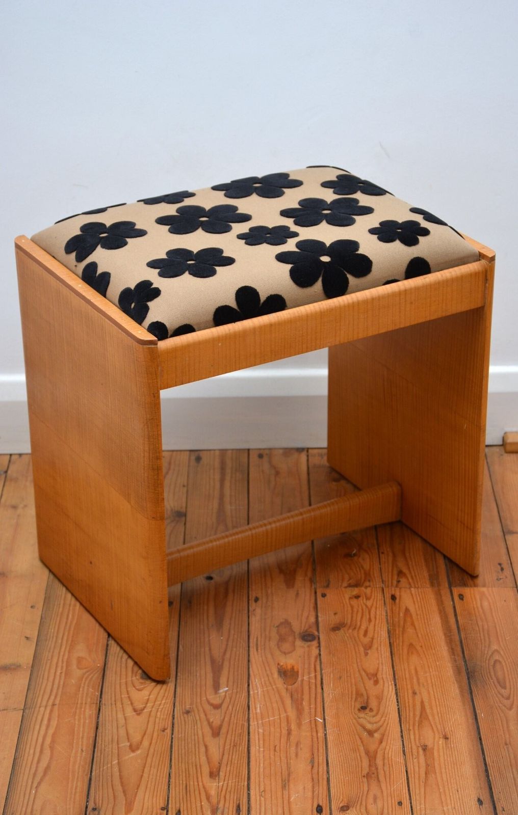 photo furniture English Art Deco Sycamore Dressing Table Stool With New Flowery Top Cover