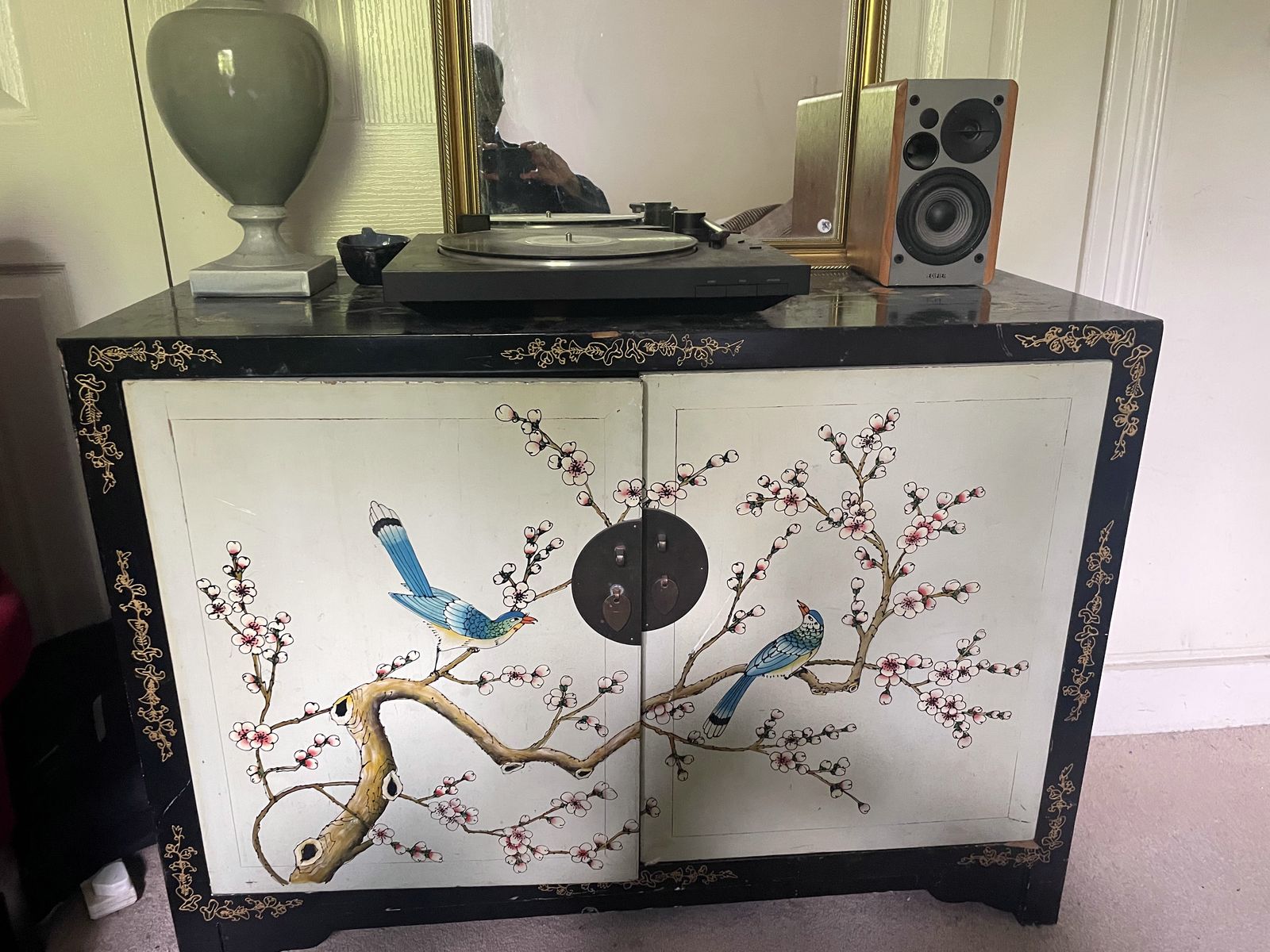 600.0 Hand Painted Oriental Black Butterfly Cupboard With Lovely Detailing photo