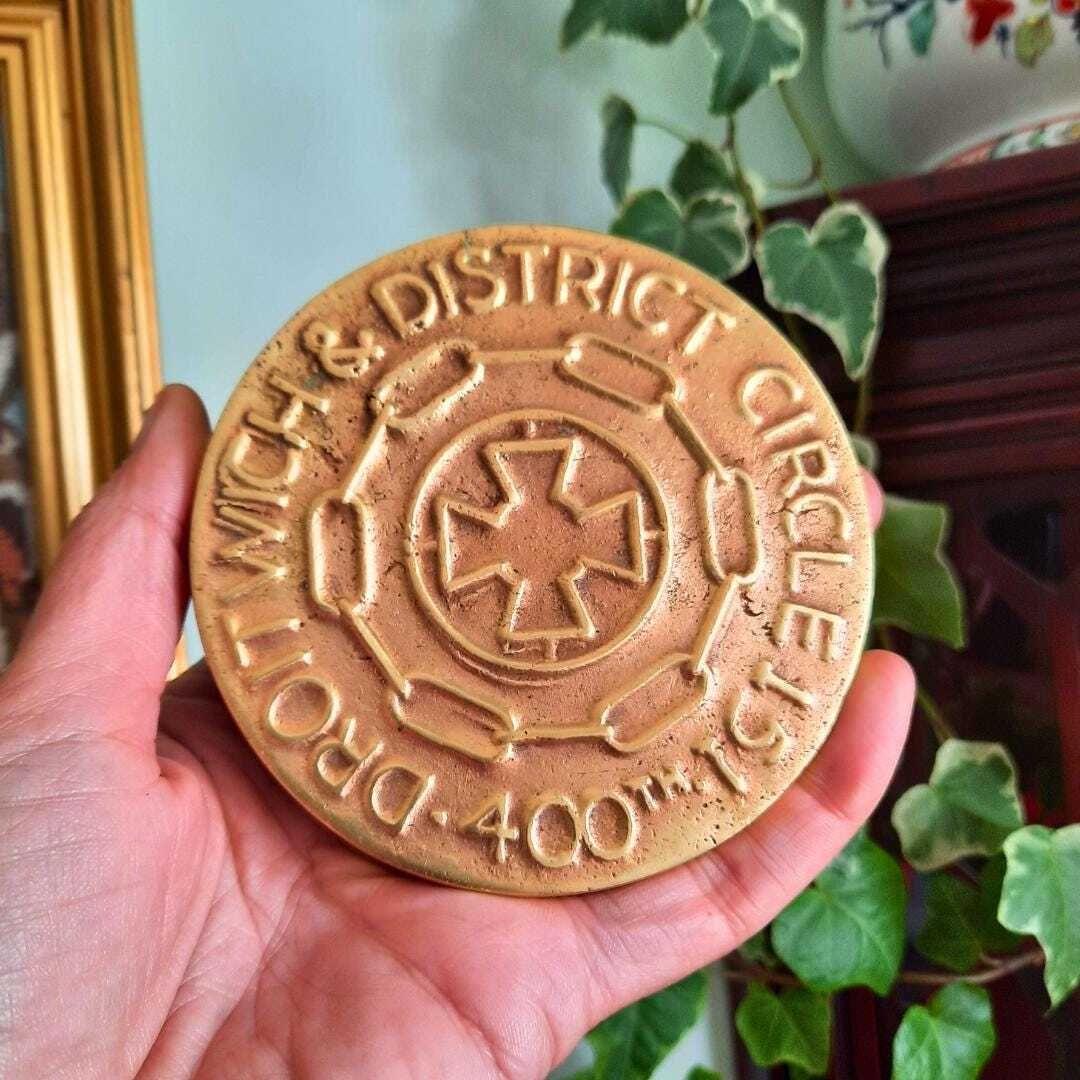 Antique Solid Brass Paperweight Medallion From Catenian Organization Of Droitwich And Circle In The Midlands