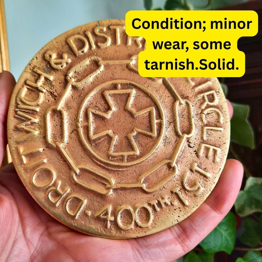 Antique Solid Brass Paperweight Medallion From Catenian Organization Of Droitwich And Circle In The Midlands photo vinterior