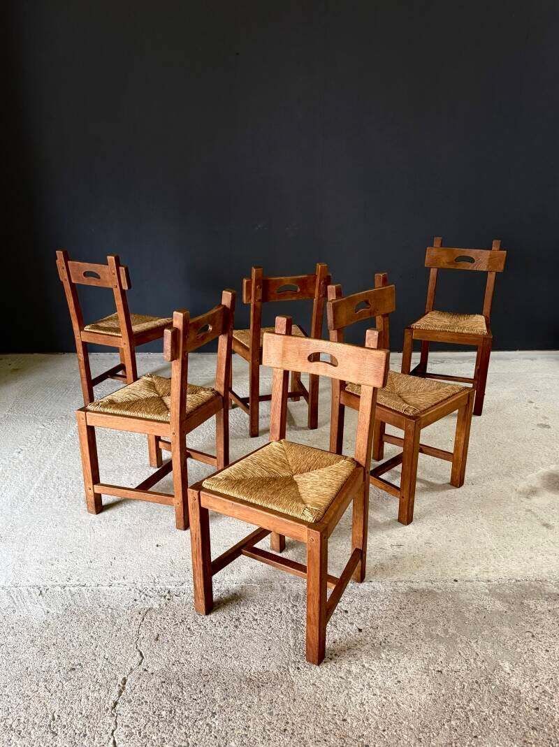 Brutalistisch Rustiek Design – Set Eiken Eetkamerstoelen Met Rieten Zitting, België, Ca. Jaren 1960 photo vinterior