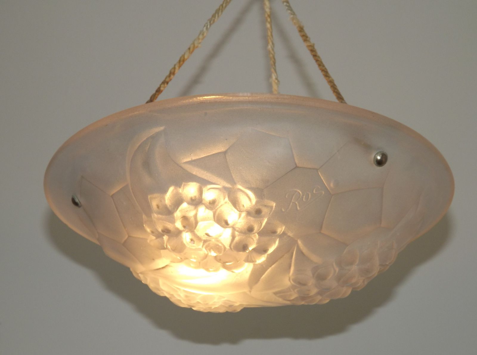French Art Deco Ceiling Light Ros Degue Frosted Molded Glass Plafonnier photo for sale