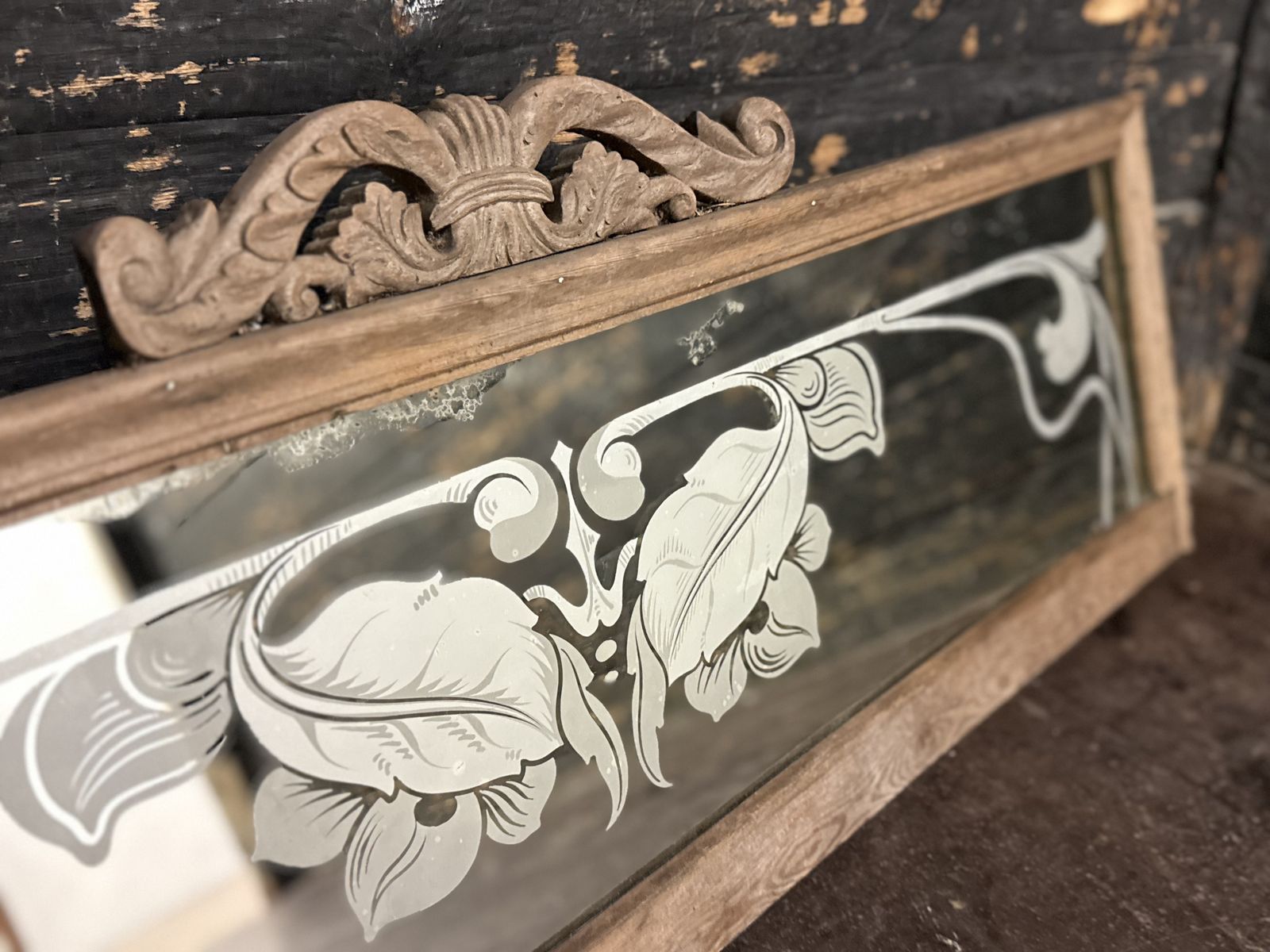 Art Nouveau Overmantel Mirror With Etched Floral Decoration In Carves Frame, C.1900 photo buy