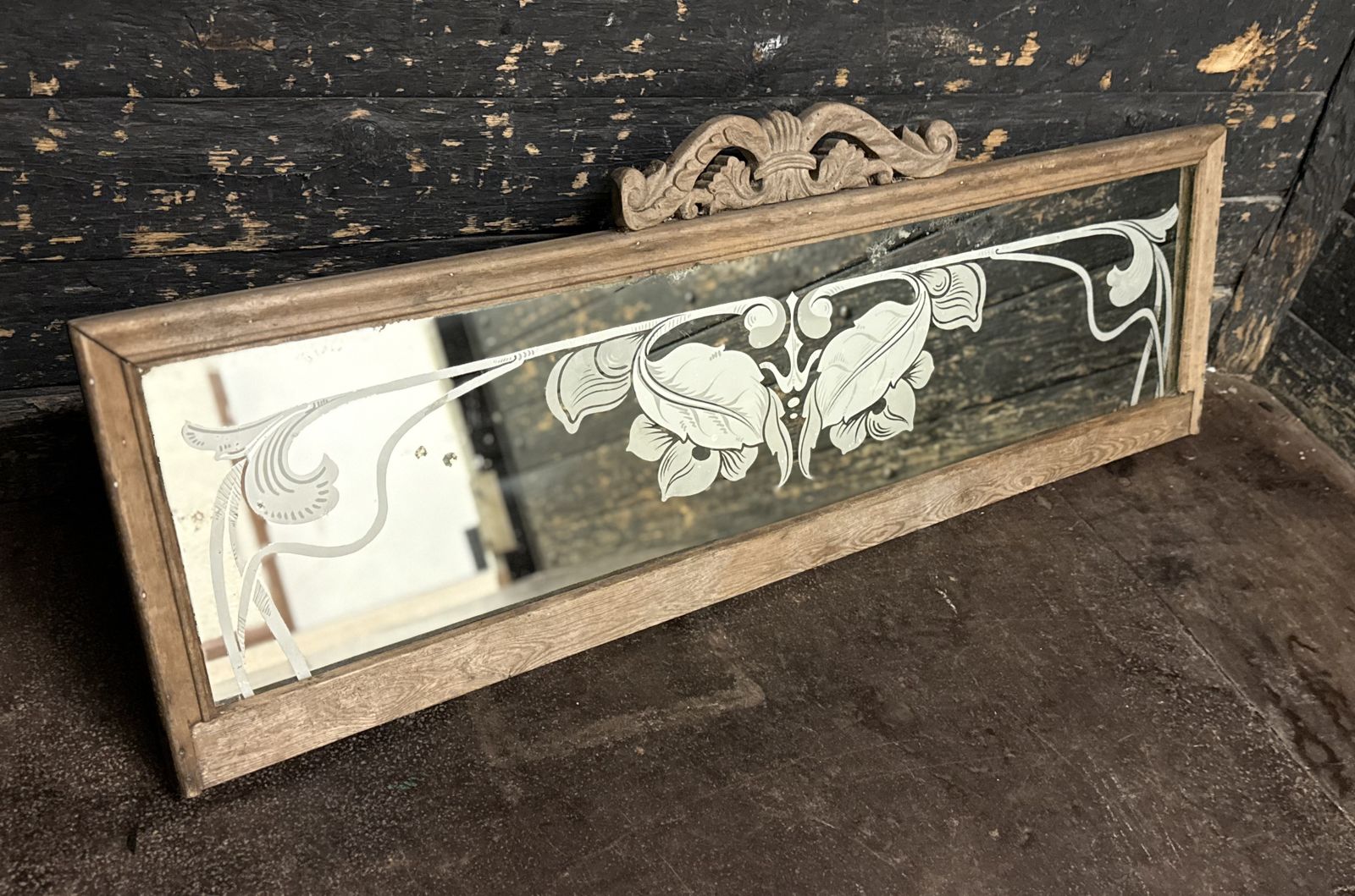 Art Nouveau Overmantel Mirror With Etched Floral Decoration In Carves Frame, C.1900