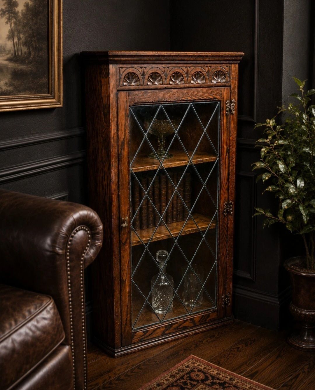 Oak Corner Cabinet Leaded Glass Tudor Style photo furniture