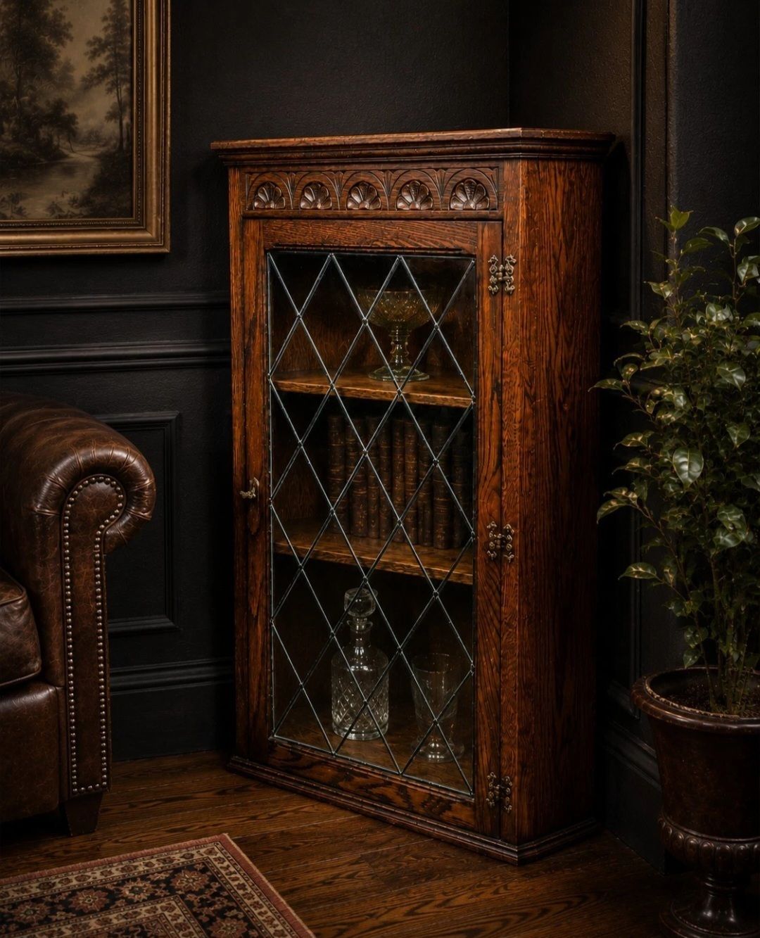 Oak Corner Cabinet Leaded Glass Tudor Style photo for sale