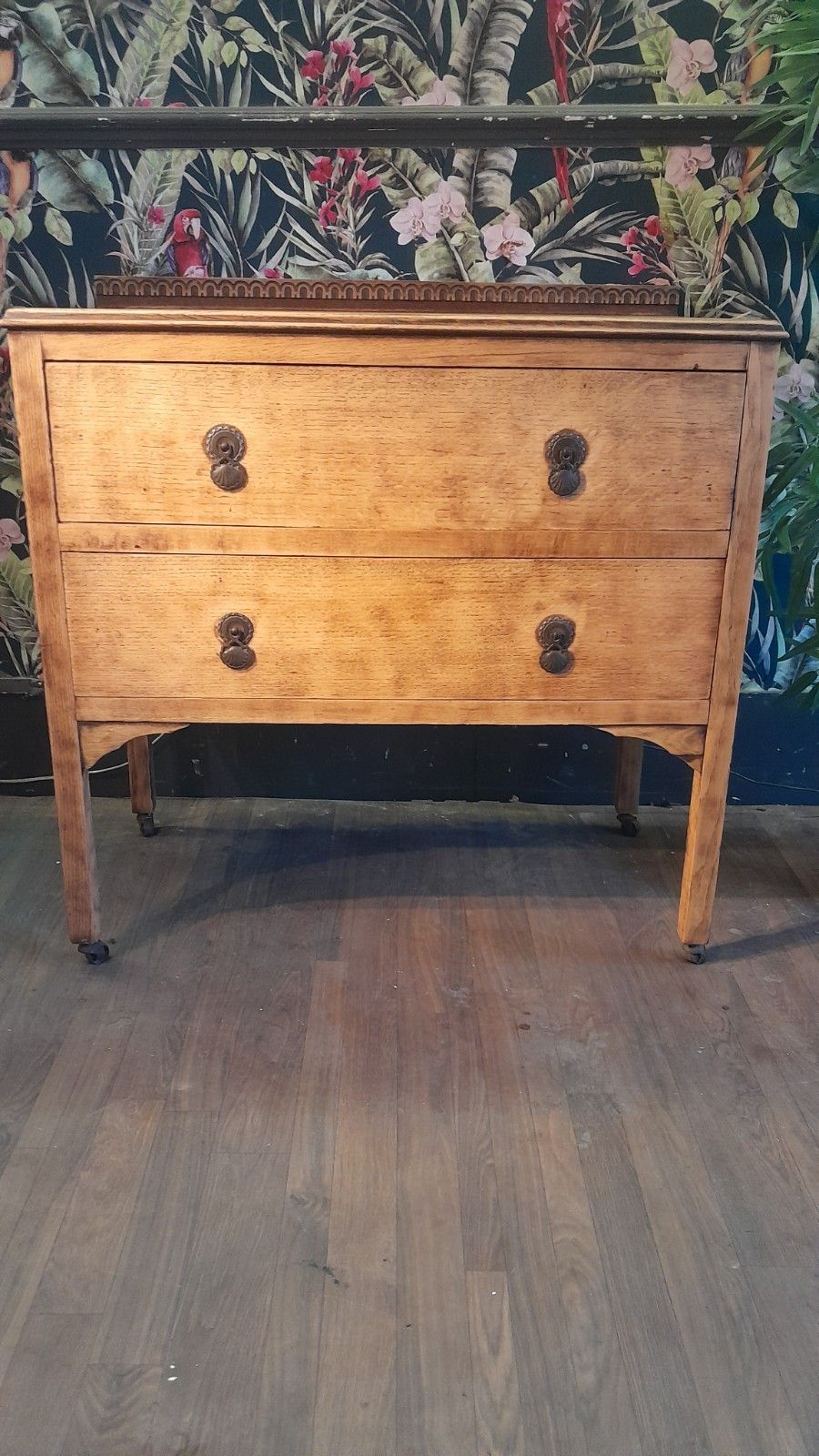 Vintage Solid Carved Light Oak Chest Of 2 Drawers With Original Handles photo buy