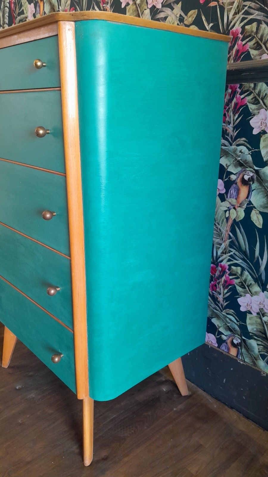Mid Century Modern Painted Tall Chest Of 5 Drawers With Original Handles photo for sale