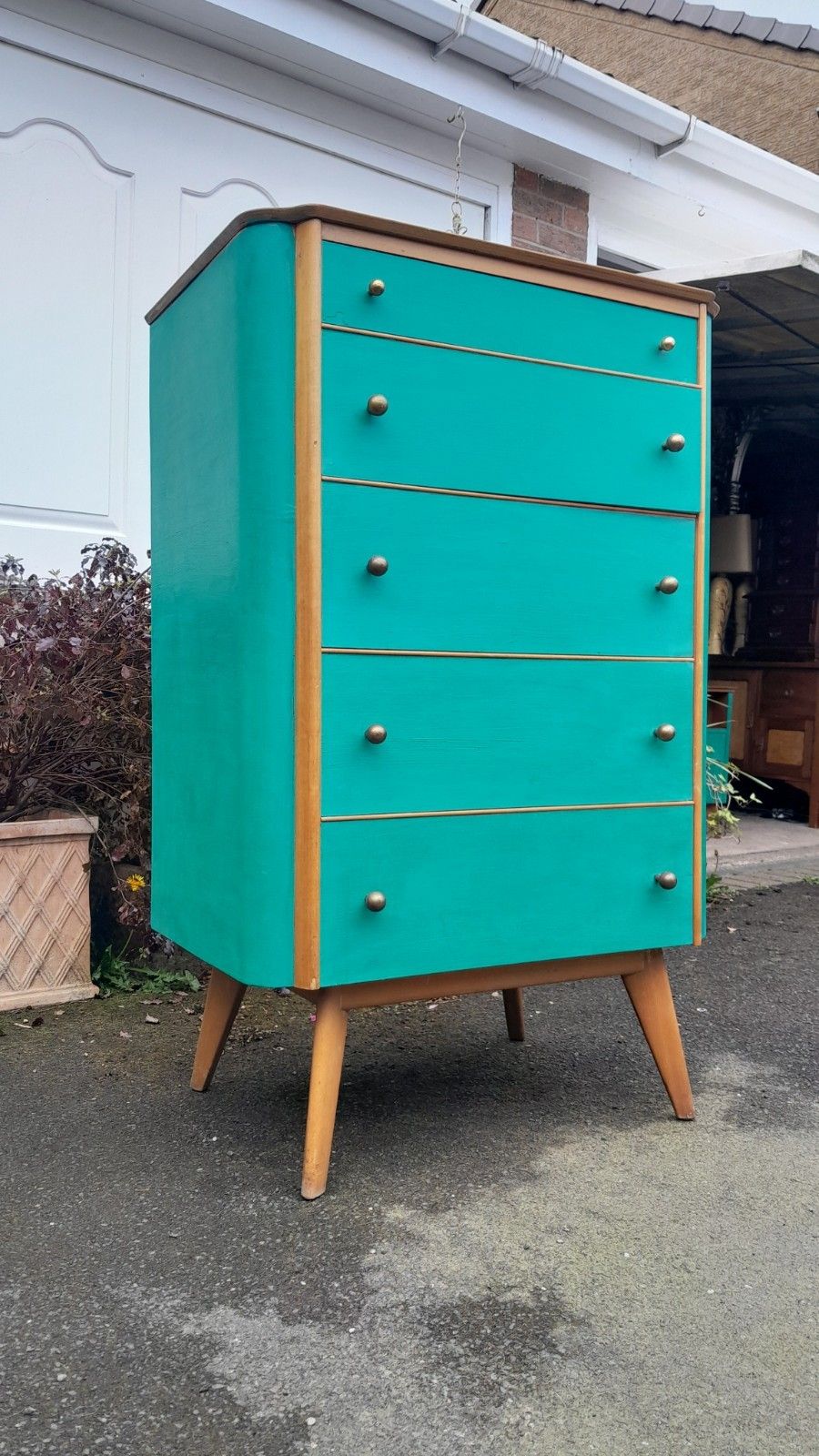 photo furniture Mid Century Modern Painted Tall Chest Of 5 Drawers With Original Handles