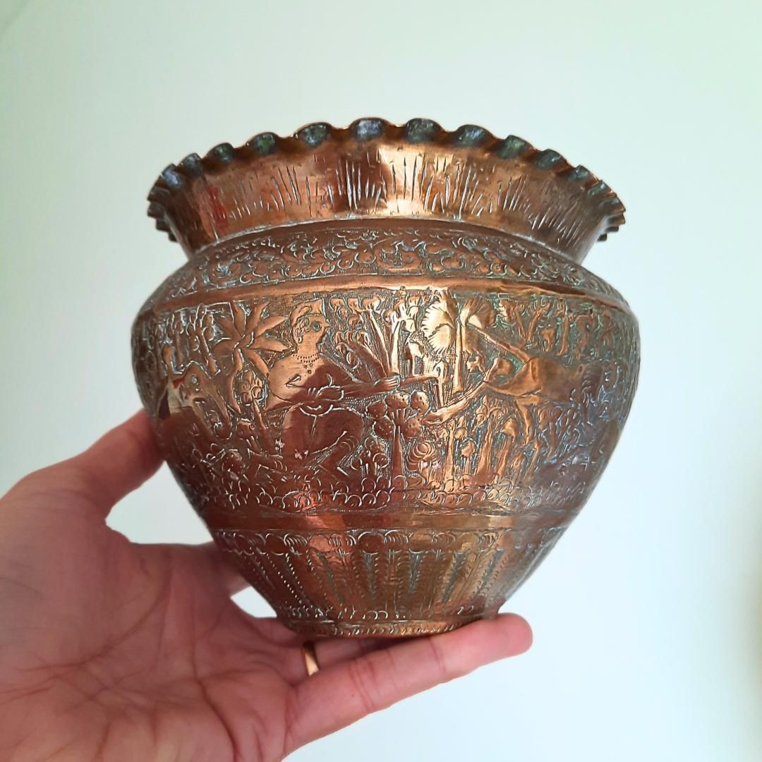 Antique Indian Hand Engraved Brass Jardiniere Plant Pot Ruffled Rim H 5.5'' photo buy