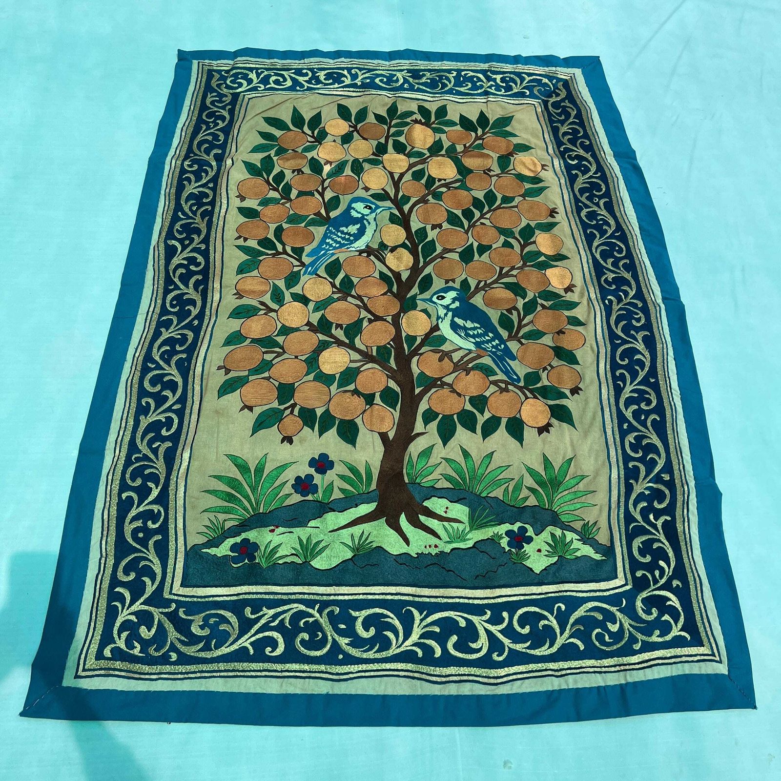 Bird Kashmiri Embroidery Tapestry: Vintage Boho Silk Wall Hanging (43x63 Inches.) photo for sale
