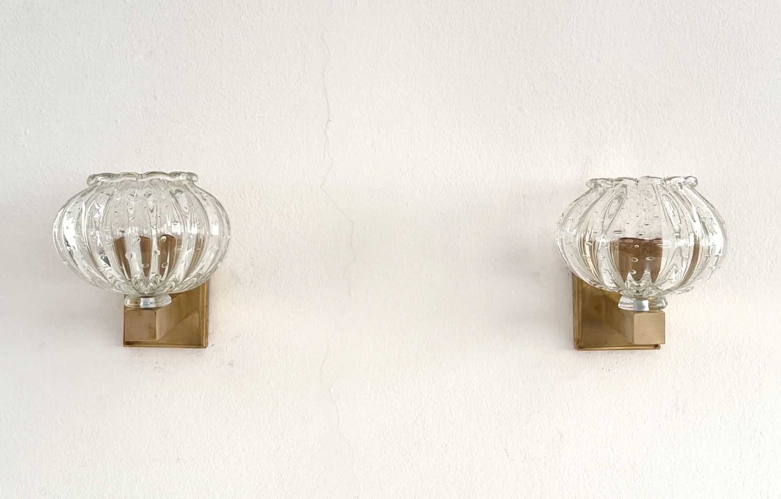 Italian Murano Glass And Brass Wall Sconces In The Art Deco Style, 1990s