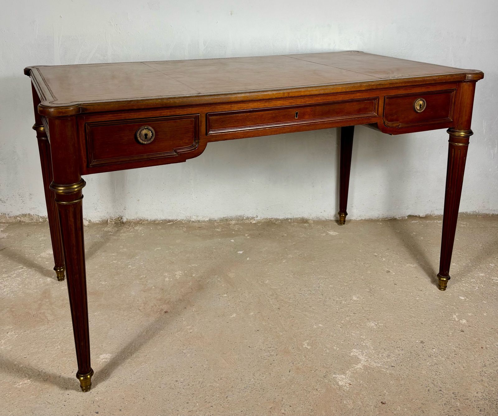 Elegant Early 20th Century Writing Desk With Brass Details And Three Drawers photo buy