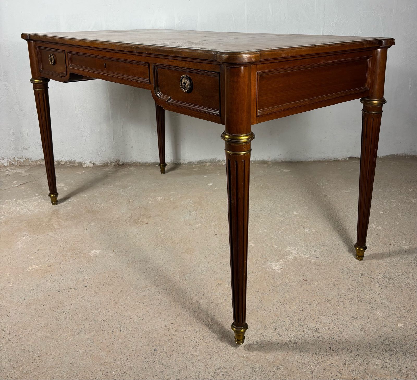 Elegant Early 20th Century Writing Desk With Brass Details And Three Drawers photo vintage