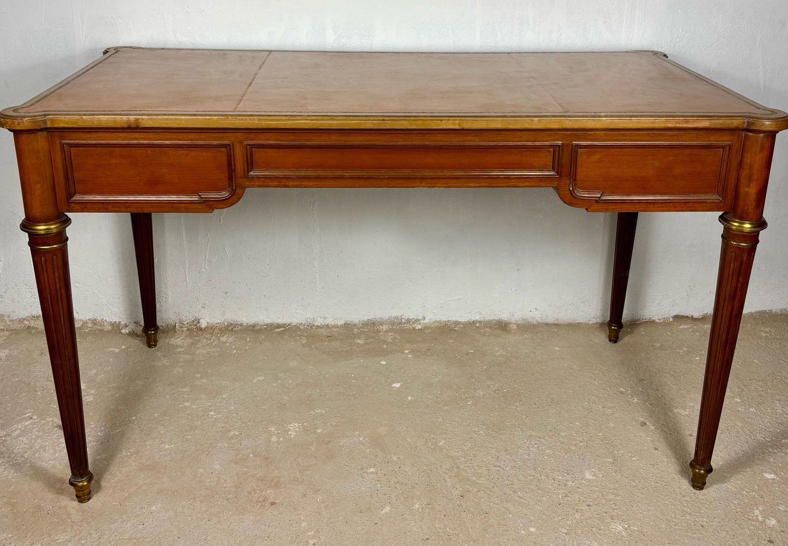 3160.0 Elegant Early 20th Century Writing Desk With Brass Details And Three Drawers photo