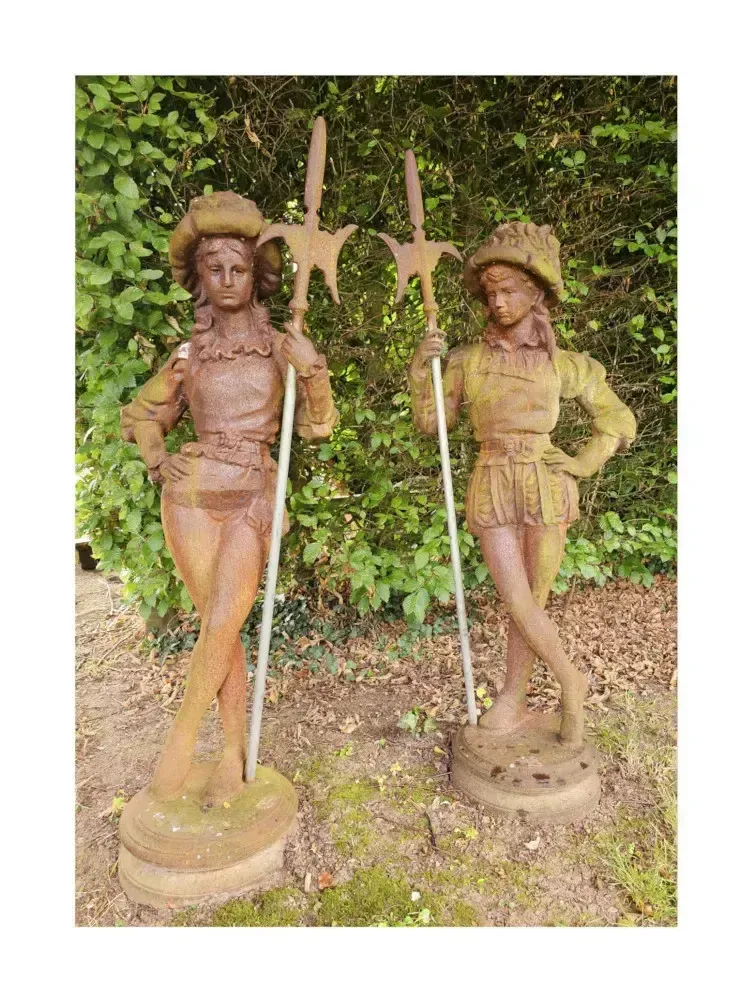 A Very Fine 20th Century Large Pair Of Cast Iron Figurative Garden Sculpture Of A Pair Of Swiss Guards