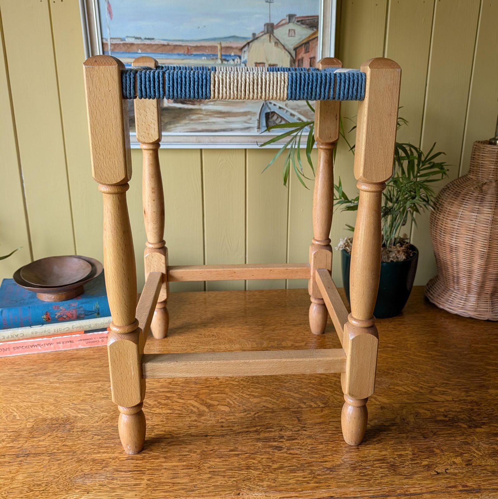 Vintage Wooden Footstool With Woven Cord Seat photo Furniture