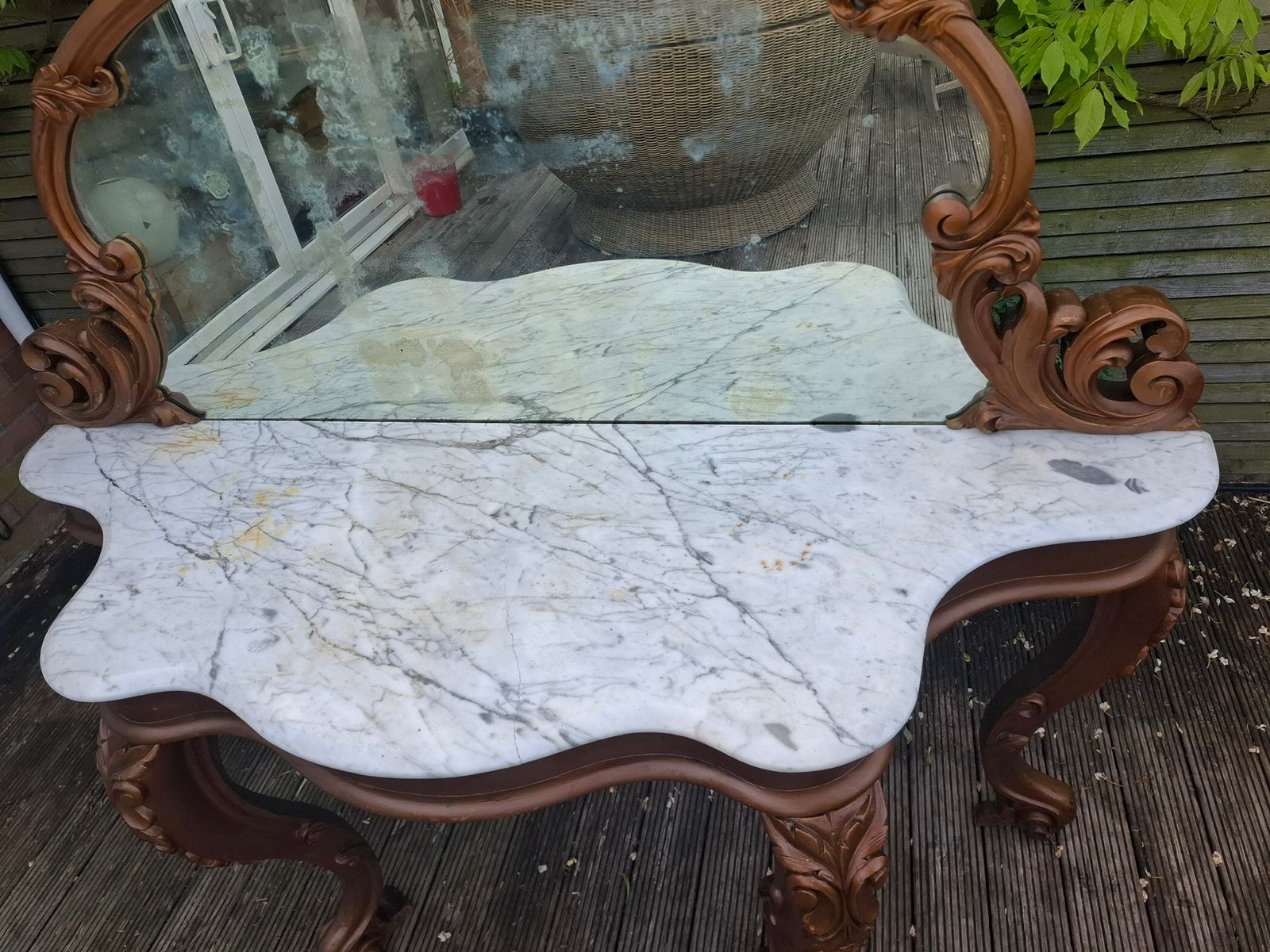 18th Century Louis Vx Style Serpentine Marble Top Heavily Carved Hall Table Mirror photo vintage