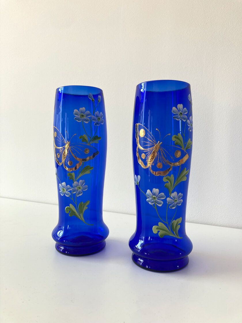 Set Of Blue Glass Vases With Paintings photo for sale