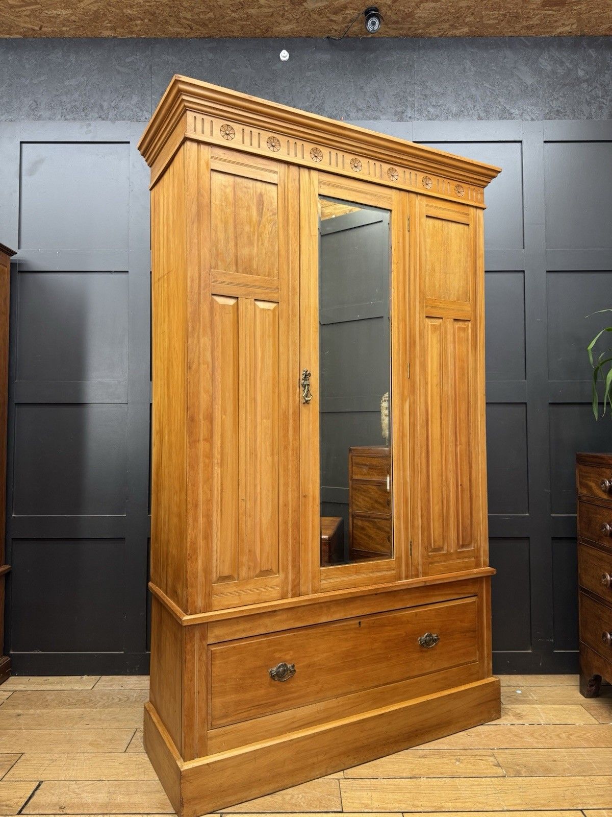 545.0 Antique Satinwood Single Wardrobe Mirrored Door Bedroom Storage Drawer photo