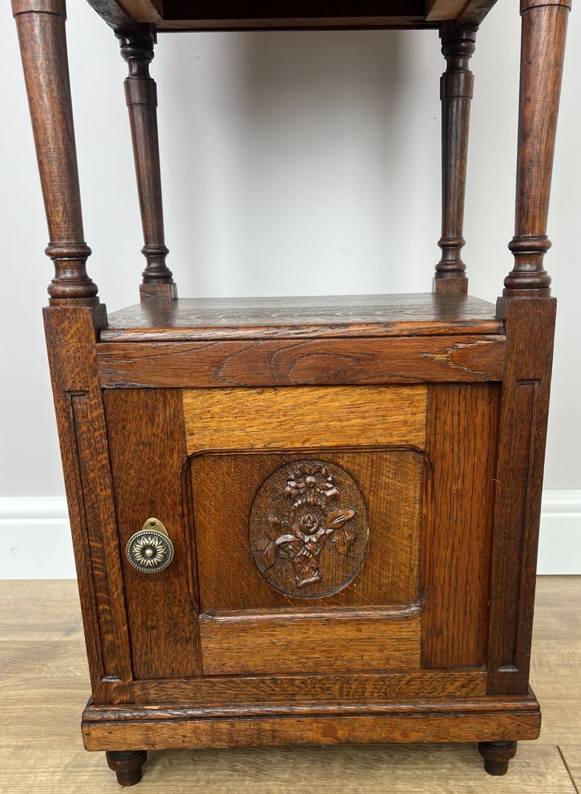 Pair Of Bedside Tables Antique French Marble Top Carved Oak Cabinets Lot 6093 photo vintage