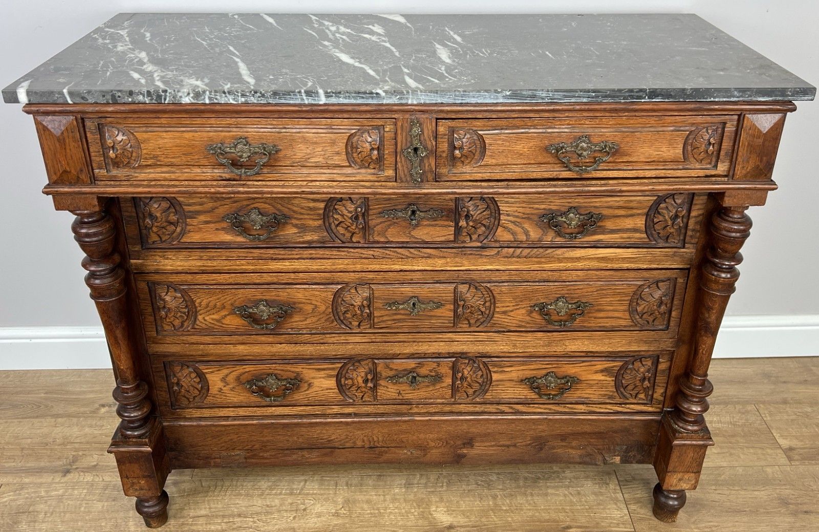Chest Of Drawers Antique French Style Marble Top Walnut Cabinet Lot 6077 photo vintage