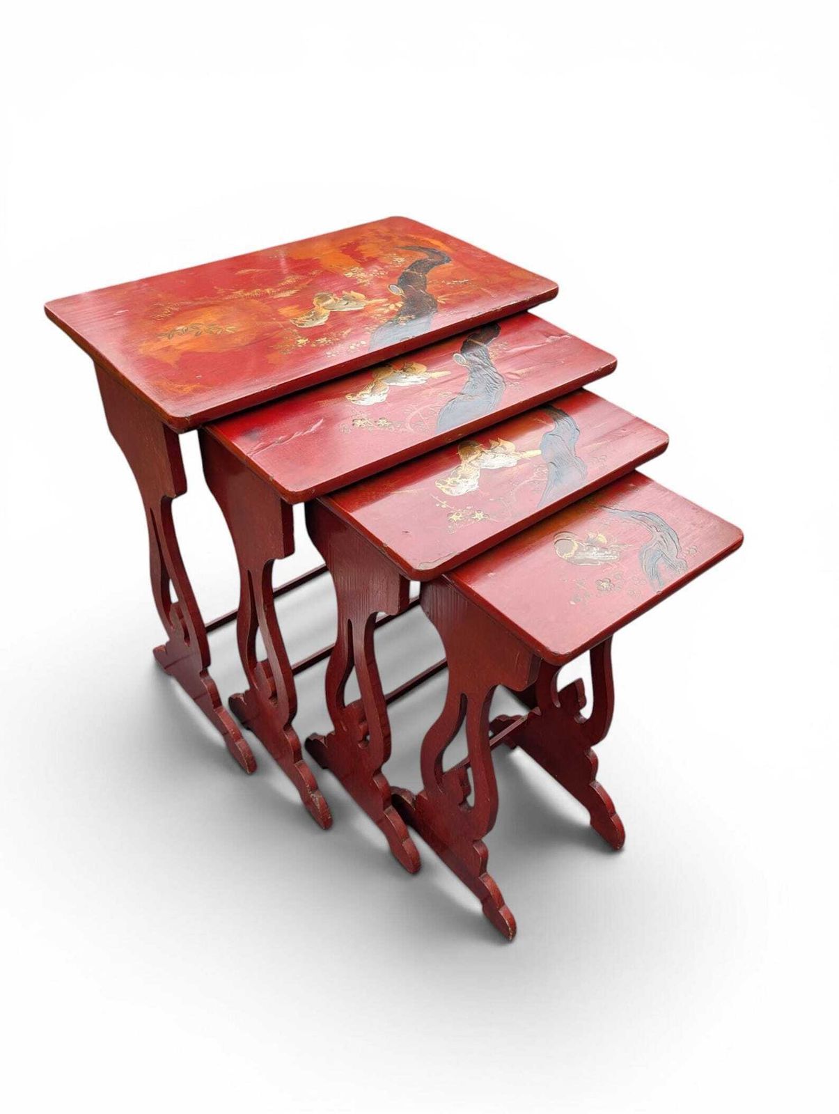 Japanese Lacquer Nesting Tables Red Chinoiserie Side Tables Mid Century photo for sale