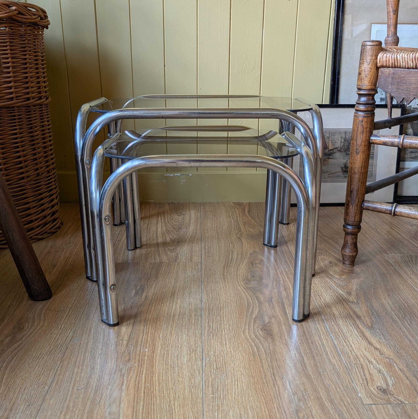 Mid Century Chrome And Smoked Glass Nesting Tables