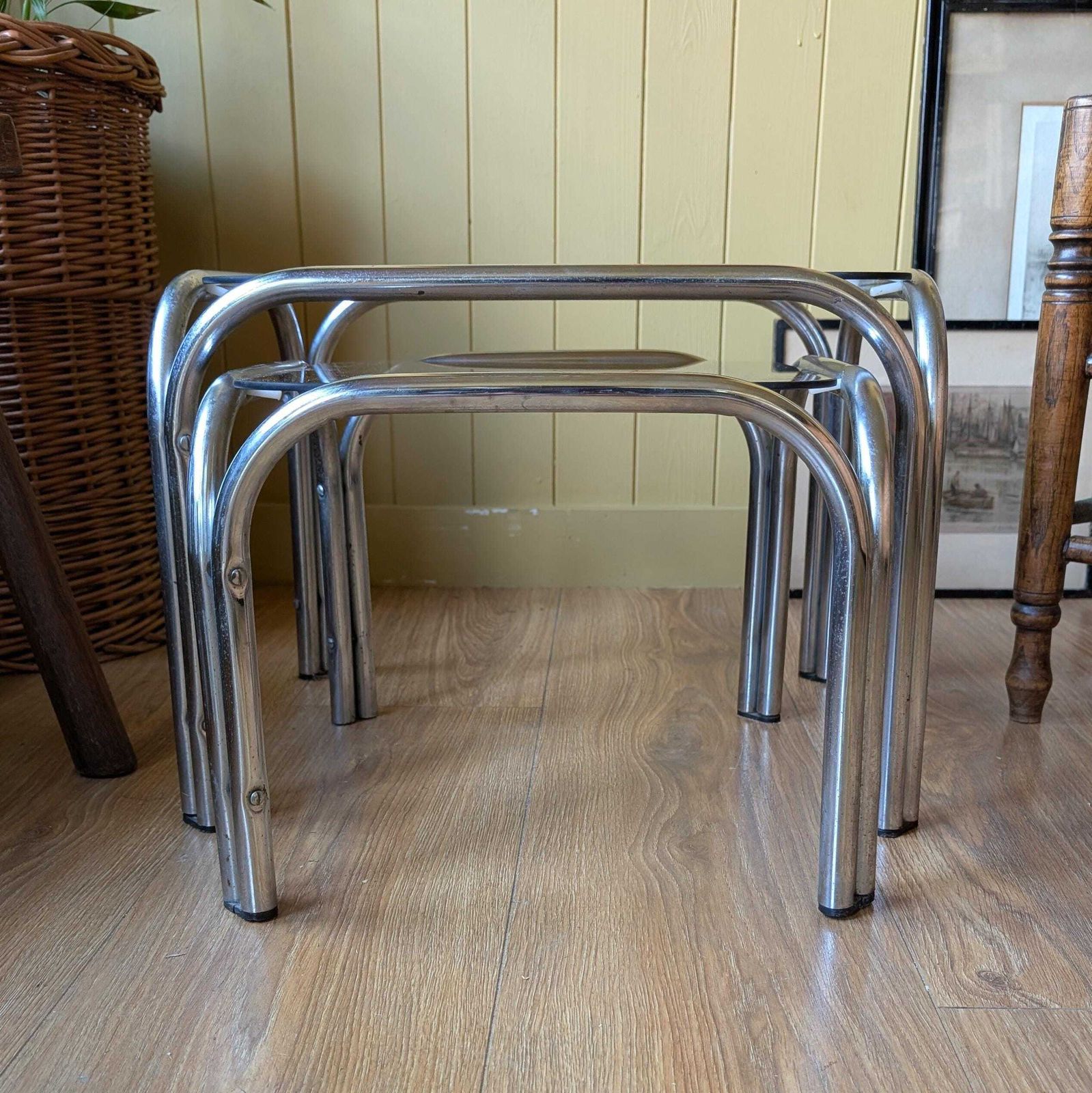 Mid Century Chrome And Smoked Glass Nesting Tables photo for sale
