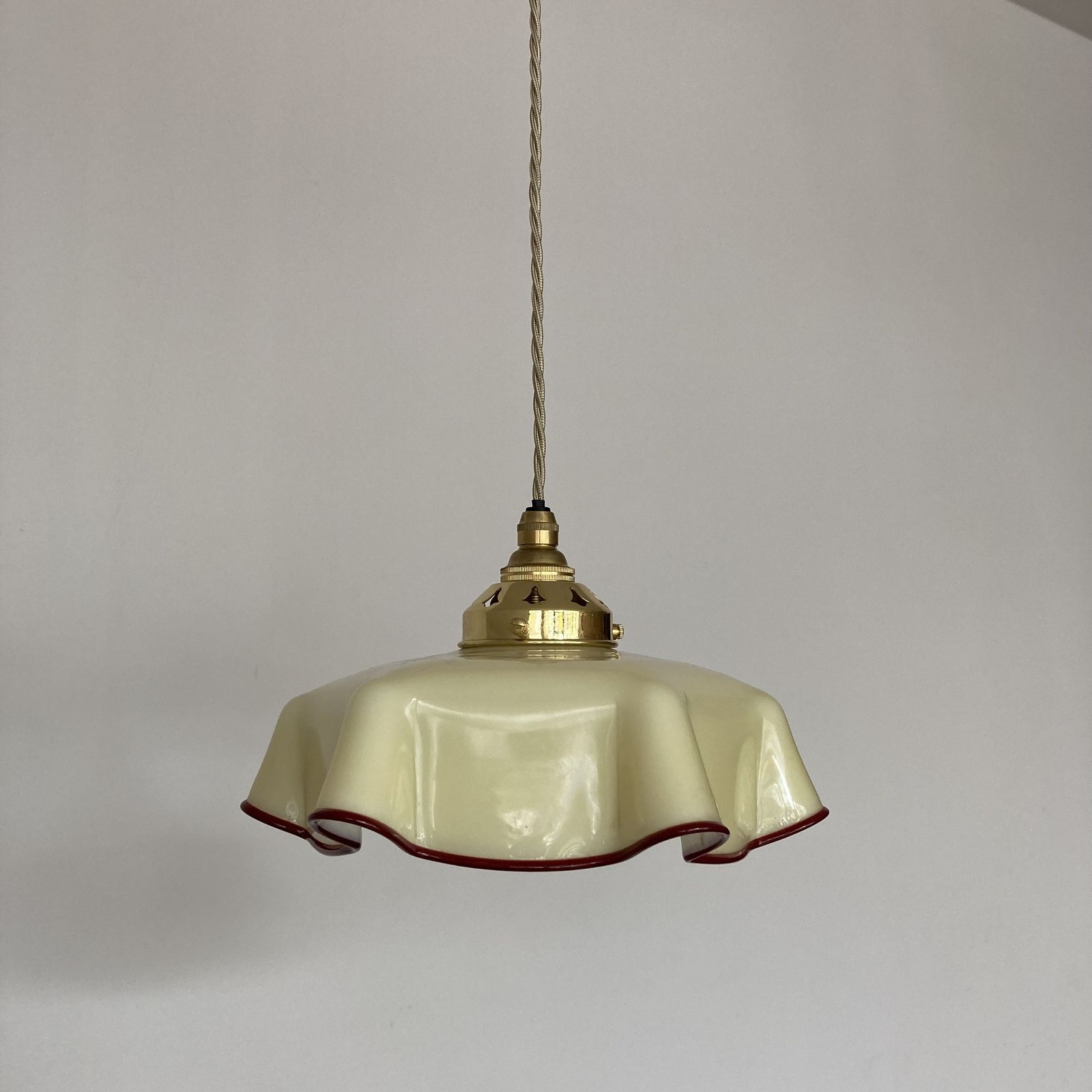 French Butter Yellow With Burgundy Trim Handkerchief Glass Shade photo furniture