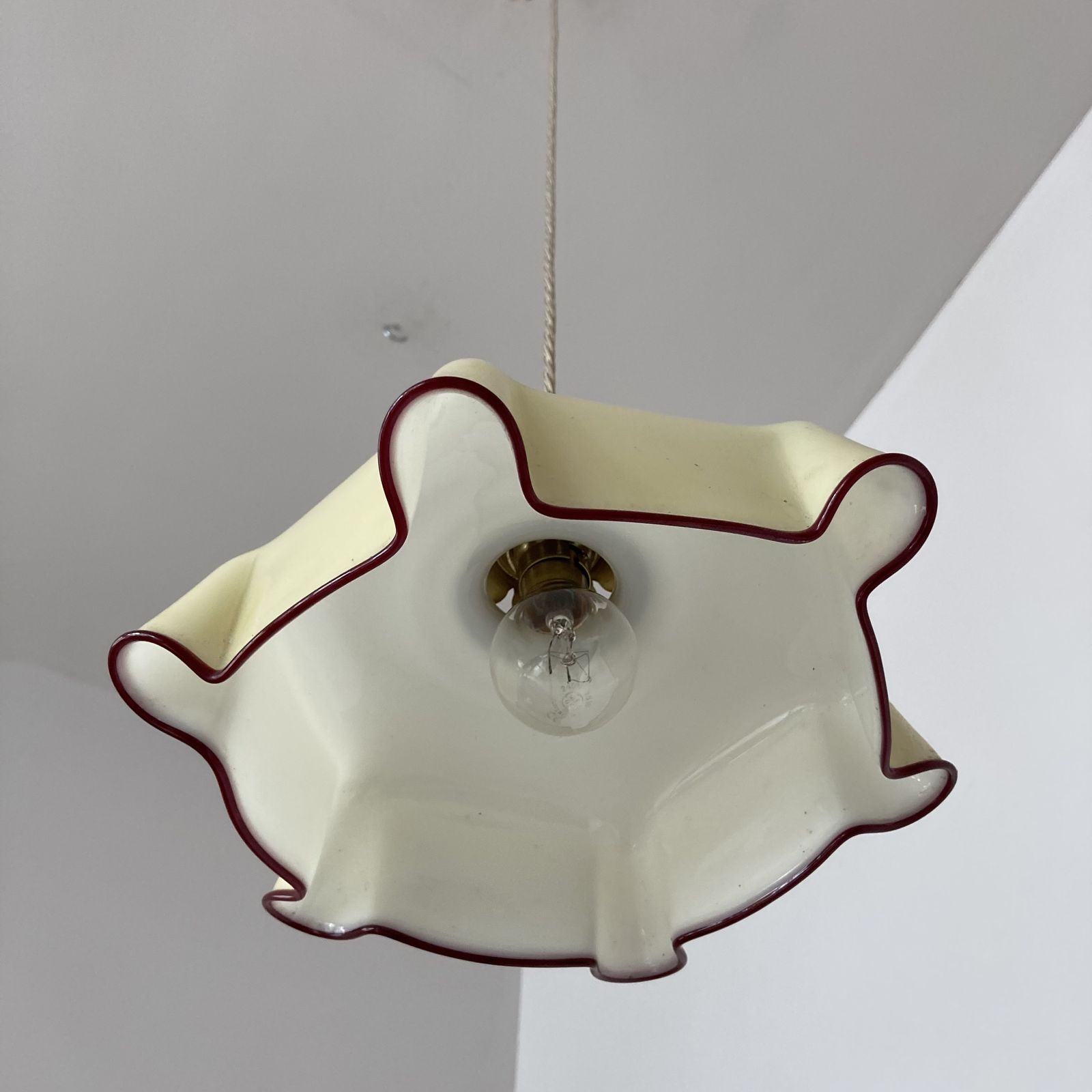 French Butter Yellow With Burgundy Trim Handkerchief Glass Shade photo for sale