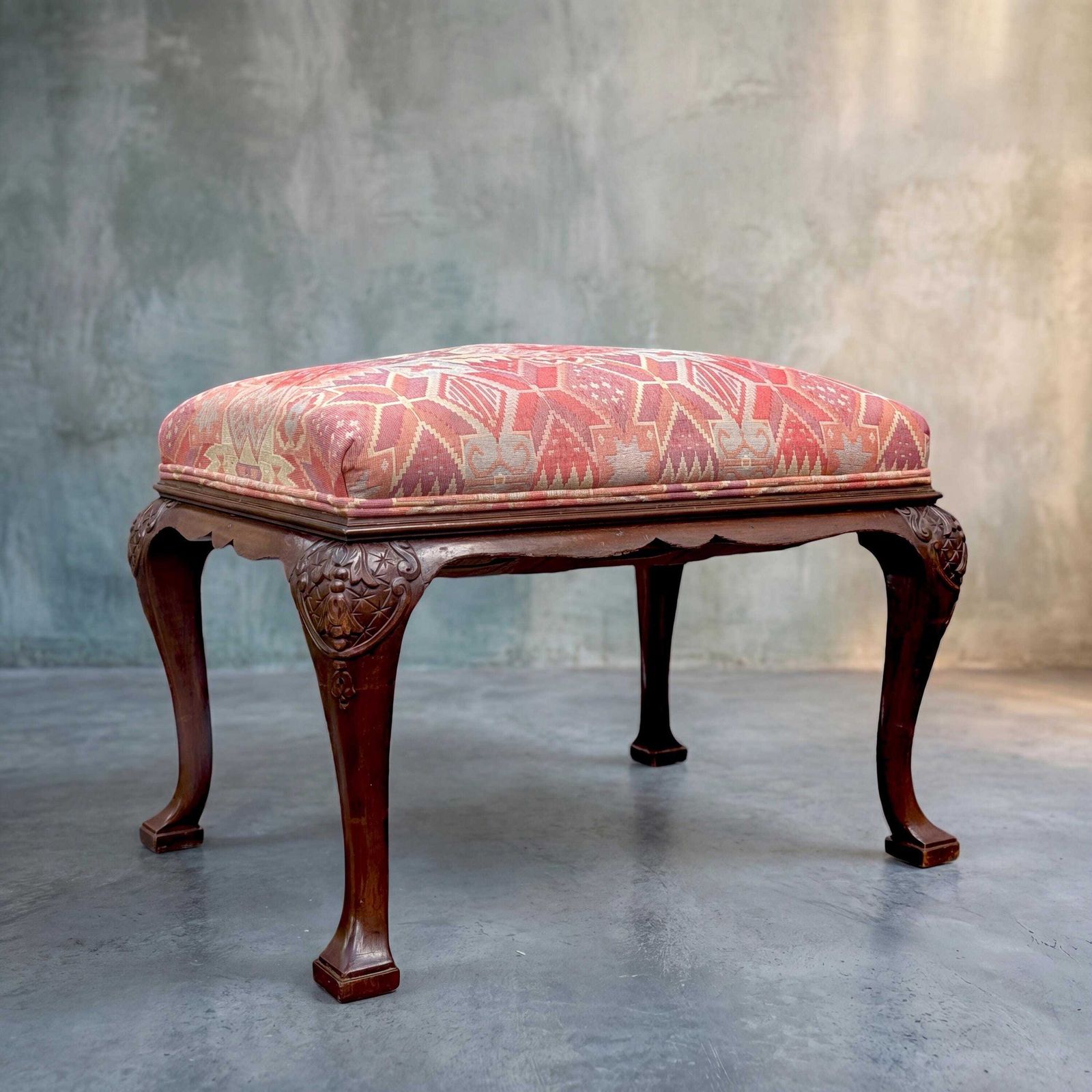 Antique Queen Anne Footstool With Carved Wood And Woven Upholstery