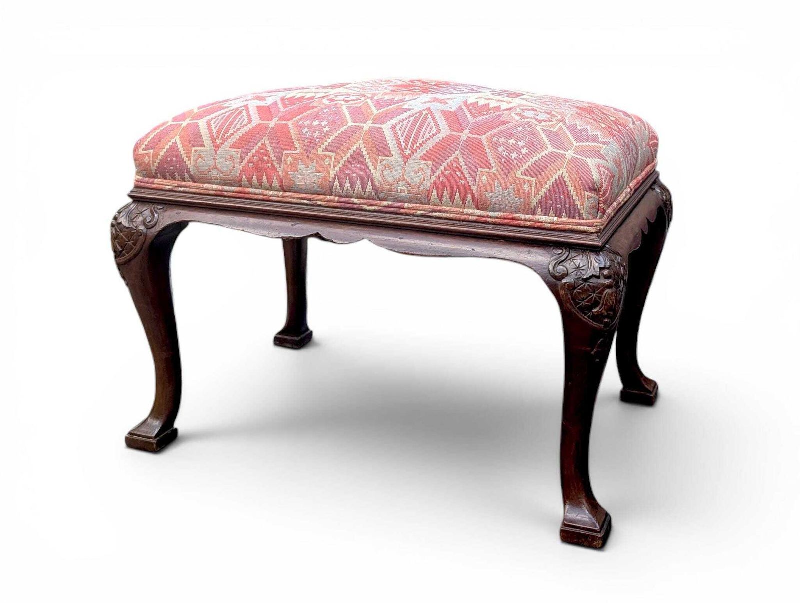 Antique Queen Anne Footstool With Carved Wood And Woven Upholstery photo Furniture