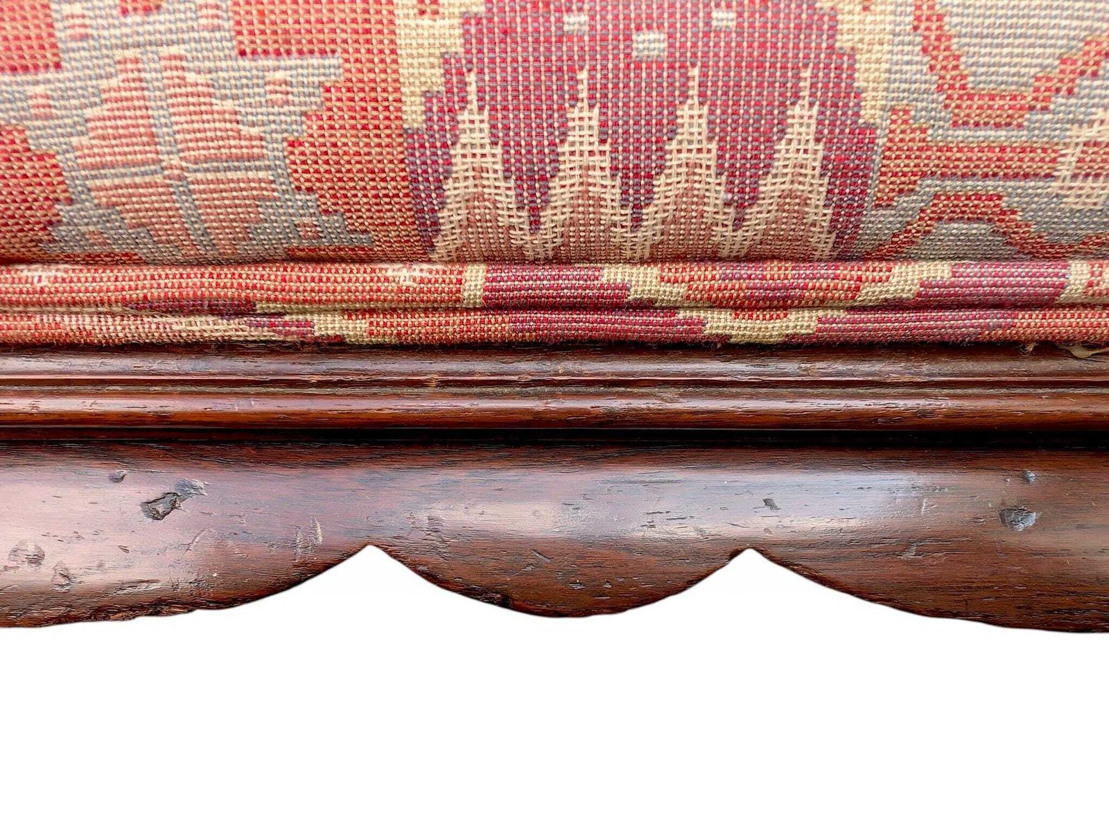 photo furniture Antique Queen Anne Footstool With Carved Wood And Woven Upholstery