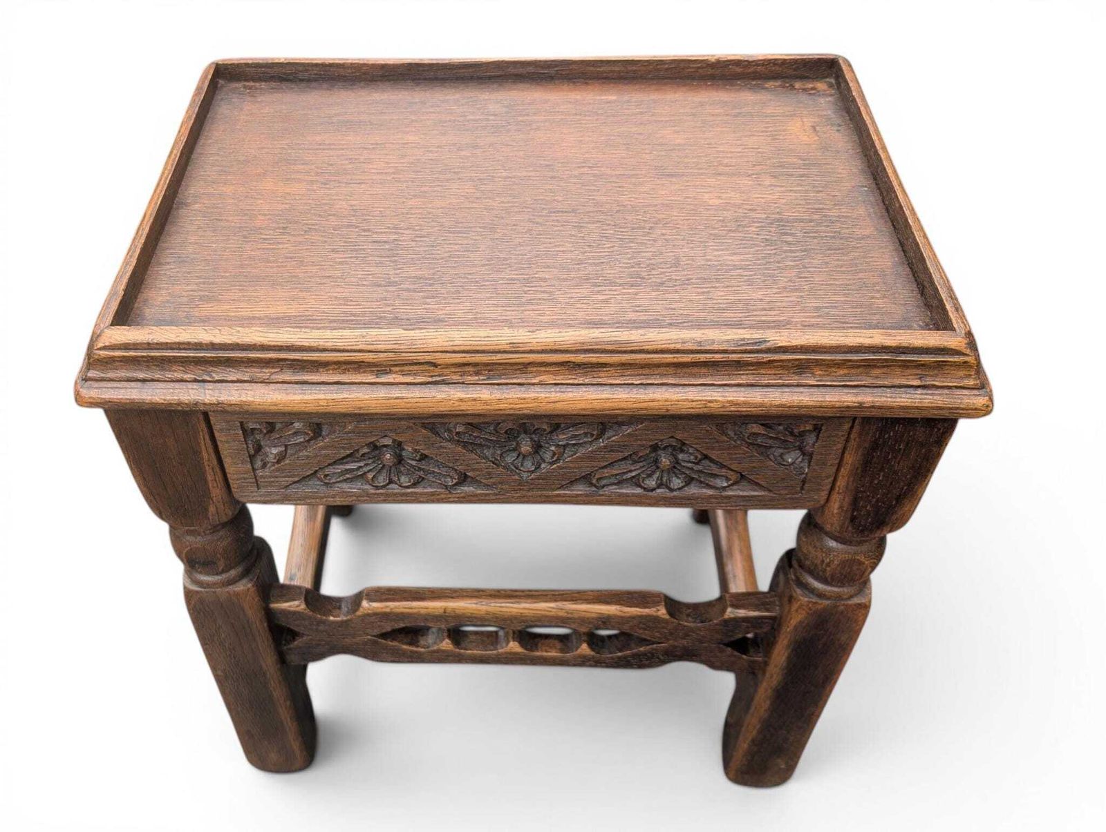 1930s Carved Oak Side Table With Hidden Drawer Tudor Revival Style photo buy