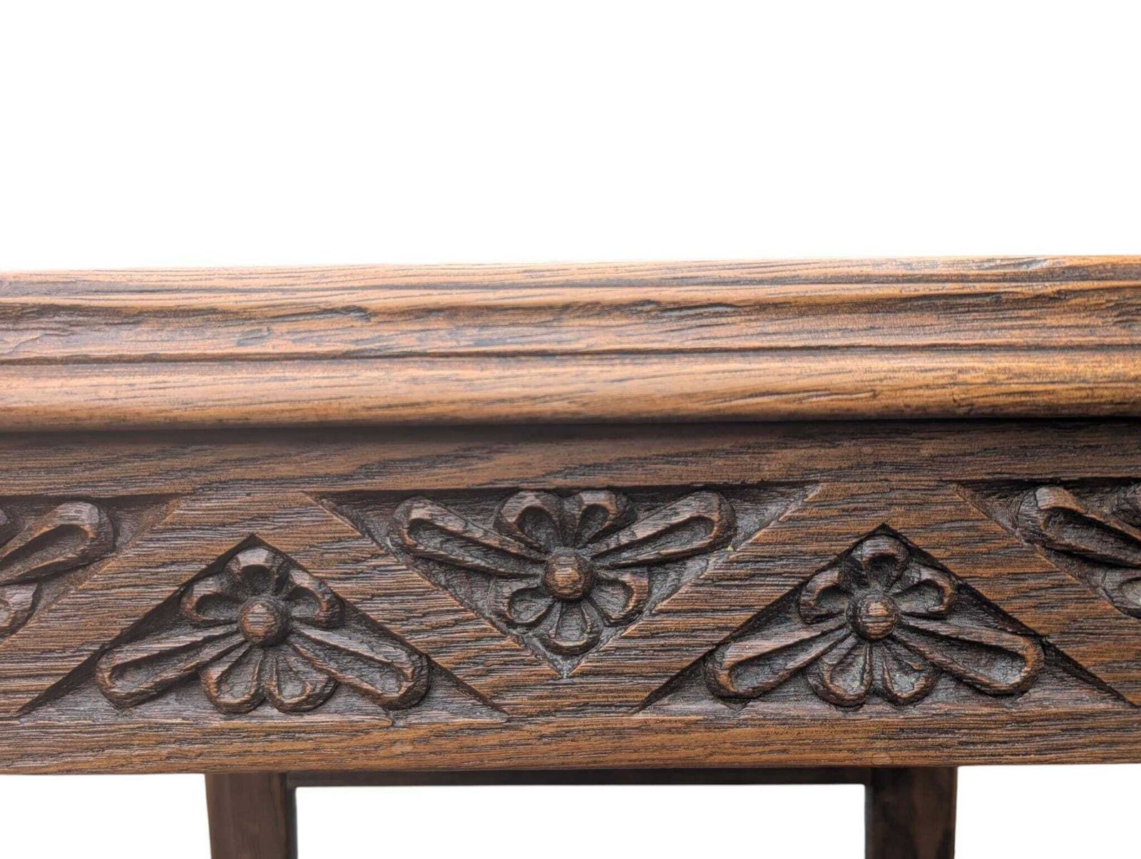 photo for sale 1930s Carved Oak Side Table With Hidden Drawer Tudor Revival Style