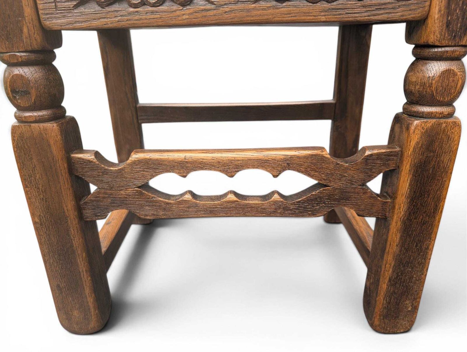 Furniture 1930s Carved Oak Side Table With Hidden Drawer Tudor Revival Style photo