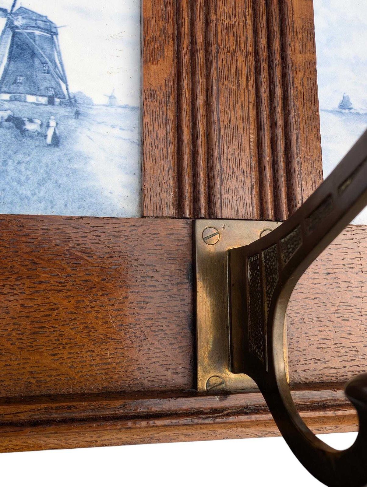 Arts And Crafts Dutch Oak Coat Rack With Delft Blue Tiles And Brass Hooks photo vintage