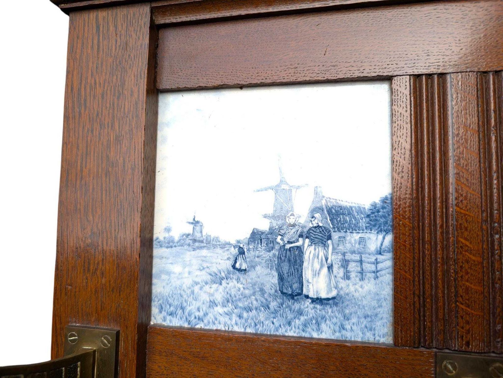 Furniture Arts And Crafts Dutch Oak Coat Rack With Delft Blue Tiles And Brass Hooks photo