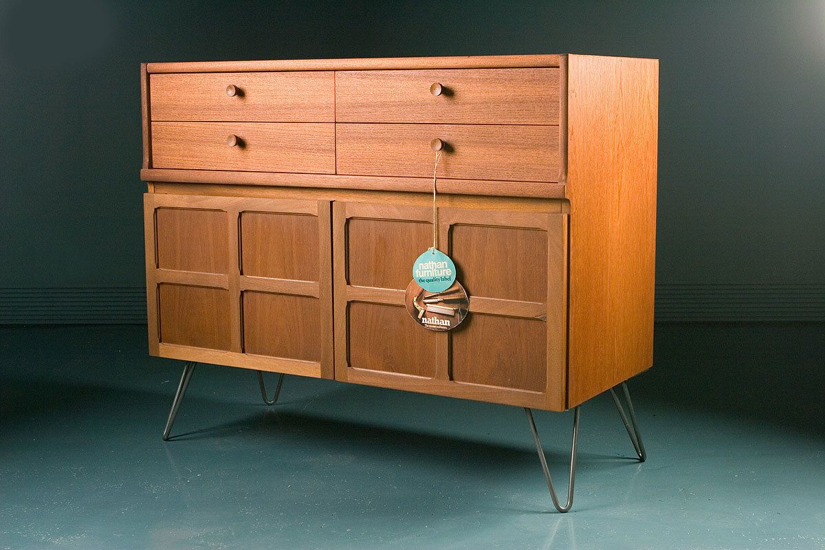 Nathan Mid Century Retro Teak Small Sideboard Drinks Cocktail Record 1970s On Hairpin Legs Or Tapered Teak Wooden Feet