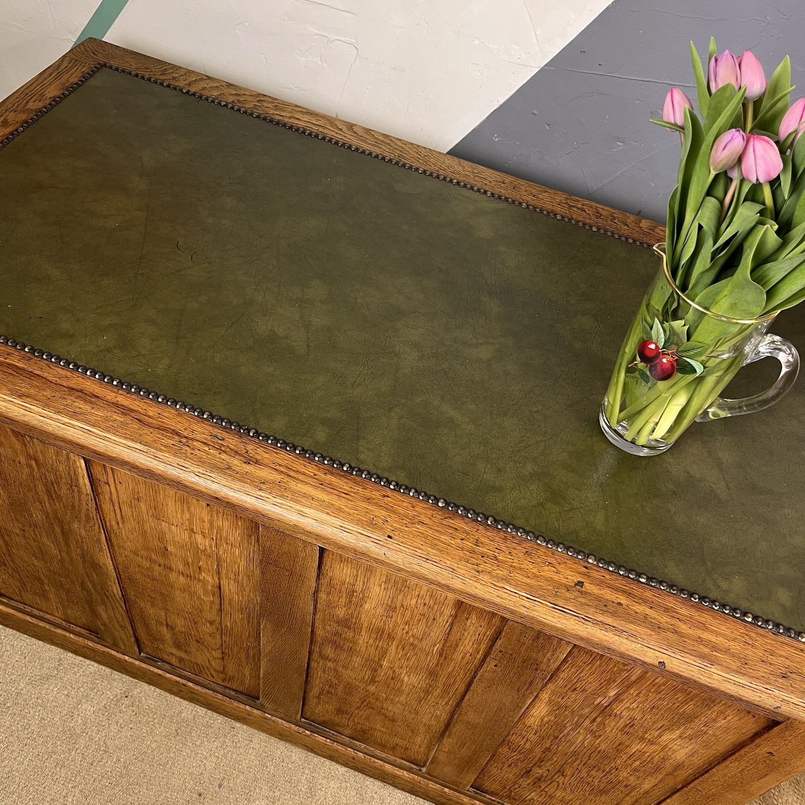 Early Mid Century Oak Pedestal Kneehole Office Desk photo for sale