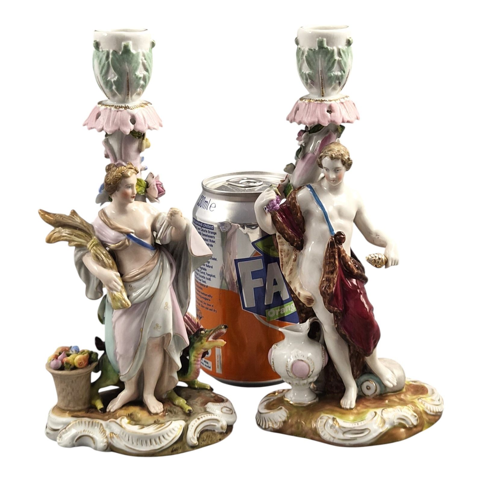 photo for sale Volkstedt R. Eckert & Co. Allegorical Porcelain Candlesticks C.1895