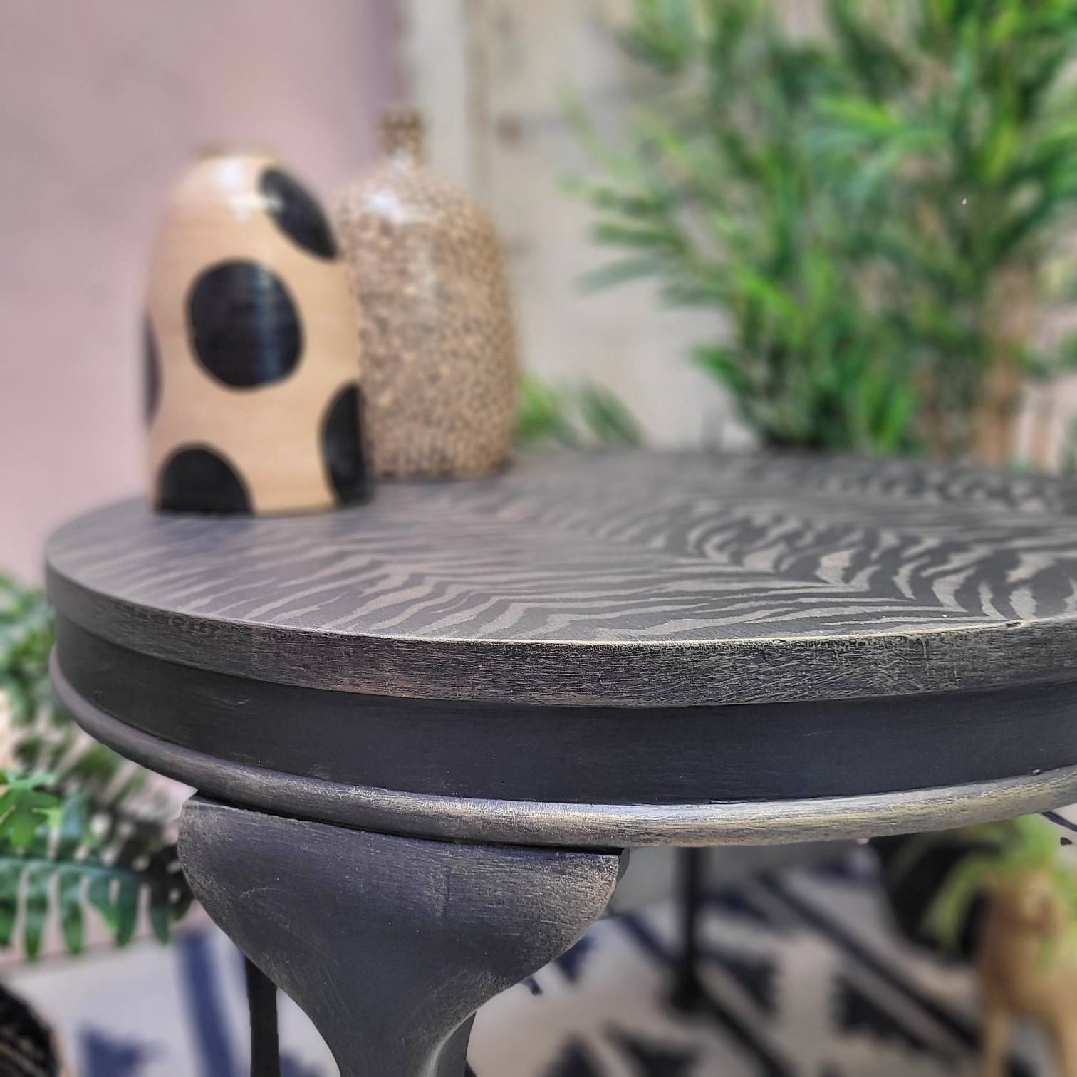 Round Coffee Table   Hand Painted   Gold Metallic Zebra Print   Metallic Accents   Boho   Maximalist   Black photo for sale