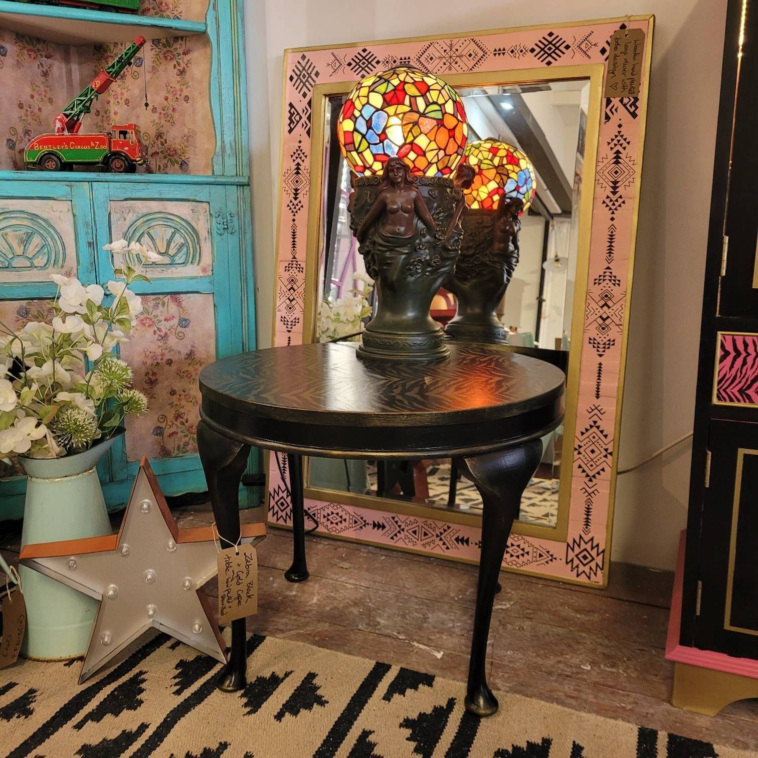 Round Coffee Table   Hand Painted   Gold Metallic Zebra Print   Metallic Accents   Boho   Maximalist   Black photo buy
