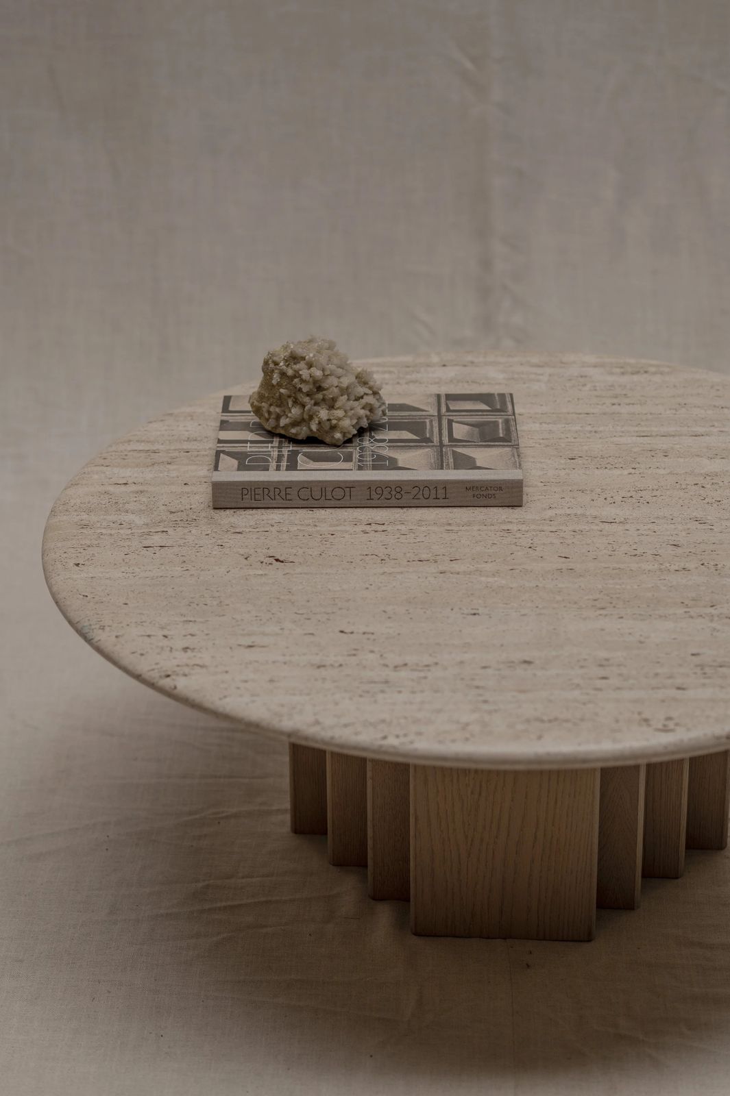 Mid Century Coffee Table In Oak And Travertine, 1970s photo Furniture
