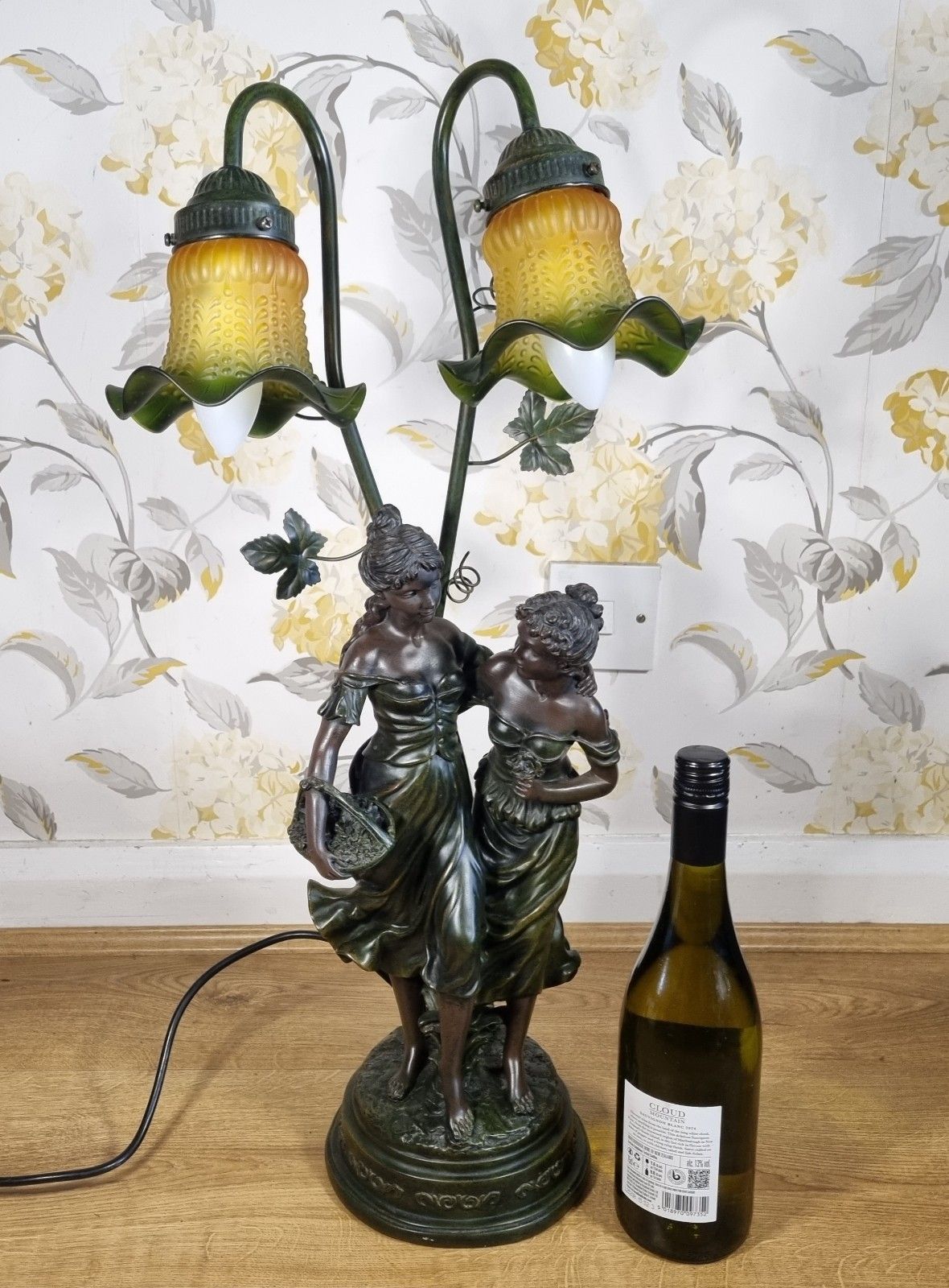 Large Widdop Bingham Art Nouveau Style Table Lamp 2 Figures Ruffle Tulip Shades photo for sale