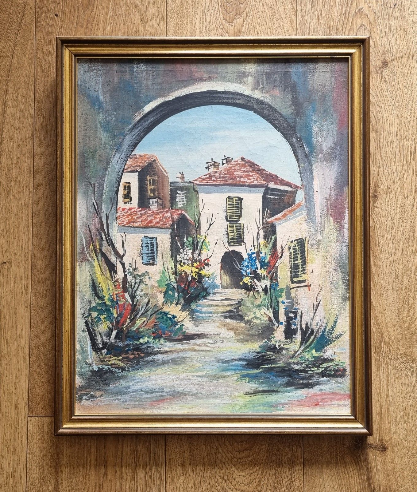 Vintage Framed Acrylic Painting Archway View Mediterranean Village Plants Flower