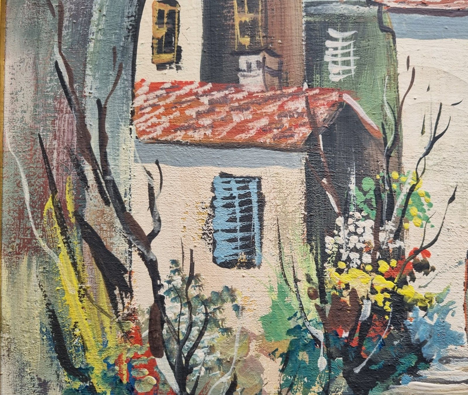 photo for sale Vintage Framed Acrylic Painting Archway View Mediterranean Village Plants Flower